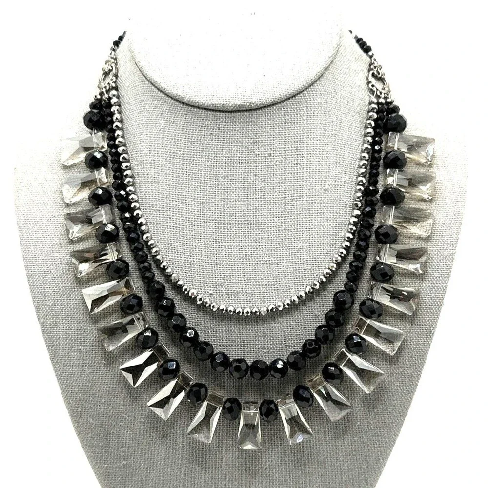 Vintage Crystal Collar Necklace Black Smoky Bead Multi Strand Statement 18